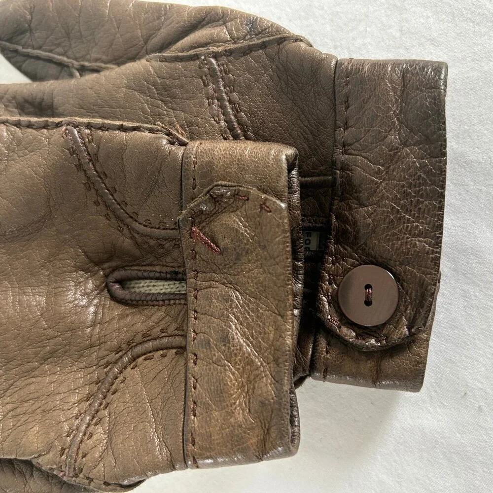 Vintage Saks Fifth Avenue Brown Leather Wool Lined Button Gloves Size 6.5